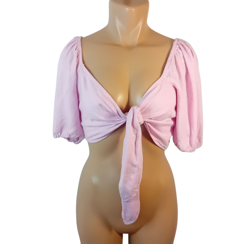 NWOT Abercrombie & Fitch Pastel Lilac Tie Front Puff Sleeve‎ Crop Top Blouse L